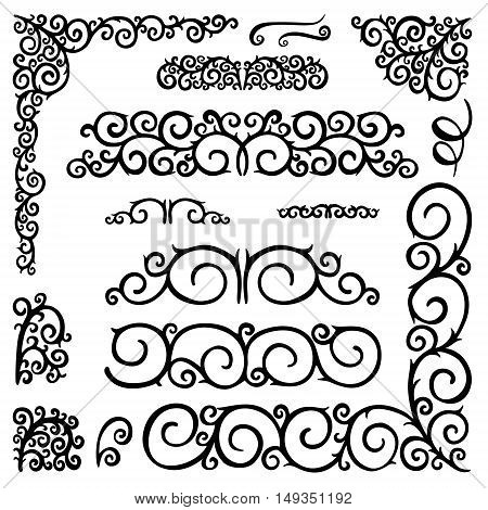 Hand drawn vintage decorative elements and ornamentscurls swirls wreath branches. Vector set collection doodle elements for design.