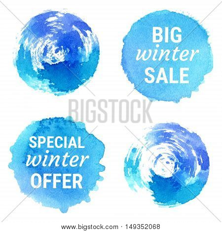 Vector special winter offer big winter sale labels and shapes on white background. Hand drawn watercolor blue stains set.