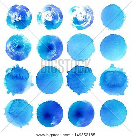 Vector natural blue watercolor labels and shapes on white background. Hand drawn painted stains set.