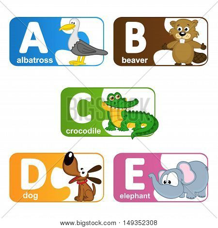 stickers alphabet animals from A to E - vector illustration, eps
