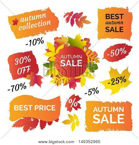 Gradient colourful autumn leaves prints best price sale banner labels shapes. Vector set collection of paint brush strokes isolated on white background. Hand drawn grunge design elements set.