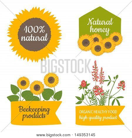 Vector natural organic healthy food quality product labels and shapes with sunflower and honey plants. Beekeeping products. Honey design elements set.