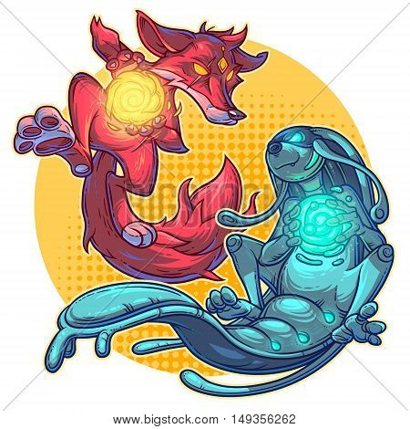 Vector illustration of a cartoon fire fox and monster water element.