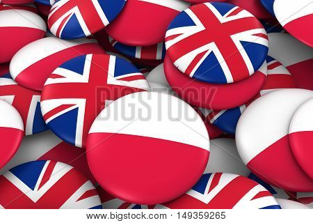 Poland And Uk Badges Background - Pile Of Polish And British Flag Buttons 3D Illustration