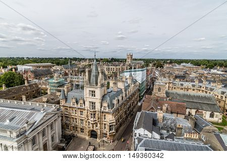 High angle view of the city of Cambridge UK