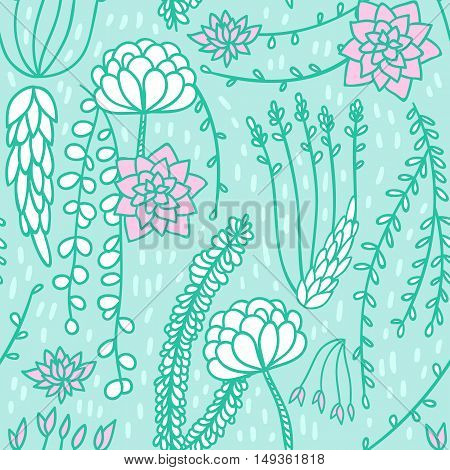 Seamless floral pattern background. Vector flower nature illustration. Colorful doodle repeat for fabrics and packaging with succulent flowers in gentle pale mint color.