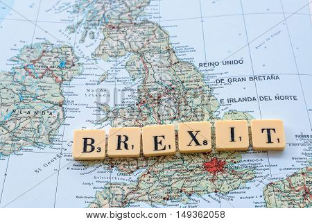 London UK - June 12 2016: Brexit word on UK map. The United Kingdom European Union membership referendum on 23 June 2016
