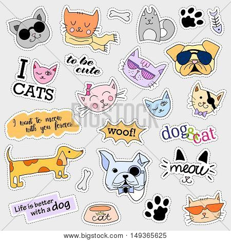 Fashion patch badges. Cat and dog set. Set of stickers, pins, patches and handwritten notes collection in cartoon 80s-90s comic style. Trend. Vector illustration isolated. Vector clip art.