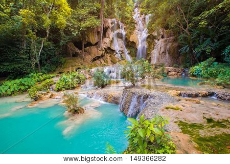 Waterfall in rain forest (Tat Kuang Si Waterfalls at Luang prabang, Laos.)