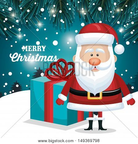 merry christmas santa claus and gift blue. snowfall landscape night design vector illustration