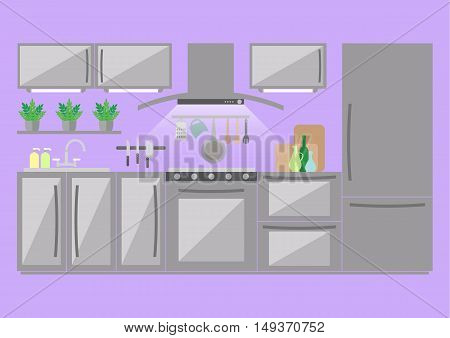 Kitchen with furniture, plants and kitchenware. Flat style vector illustration