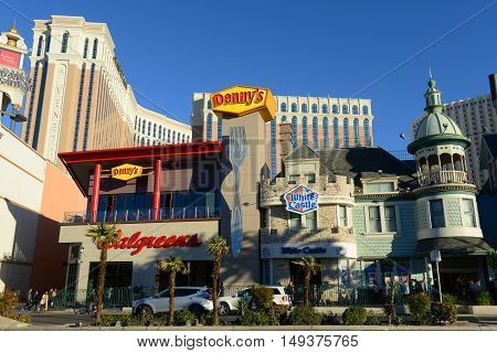LAS VEGAS - DEC 24, 2015: Walgreens, Denny's and White Castle on Las Vegas Strip in Las Vegas, Nevada, USA.