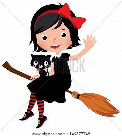 Witch in black dress flying on a broom with her cat Stock Vector cartoon illustration isolated on white background