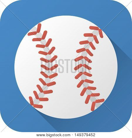 Vector illustration. Toy leather baseball ball in flat design with long shadow. Square shape icon in simple design. Icon vector size 1024 corner radius 180
