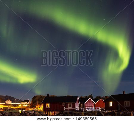 Northern lights over the fishing village Hamnoy, Norway