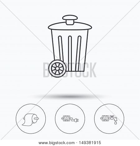 Trash bin, electricity and water counter icons. Toiler paper linear sign. Linear icons in circle buttons. Flat web symbols. Vector