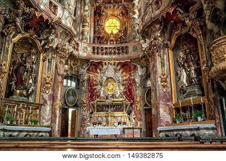 Munich, Germany- AUGUST 6, 2016: Interior of Asamkirche in Munich, Germany.
