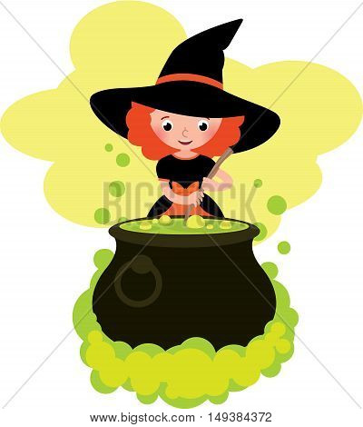 Girl in costume Halloween witch cooks a potion in the big pot Stock cartoon vector illustration
