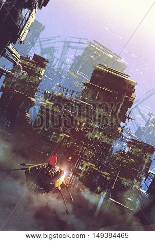 sci-fi scene of old building, cyberpunk concept, illustration painting
