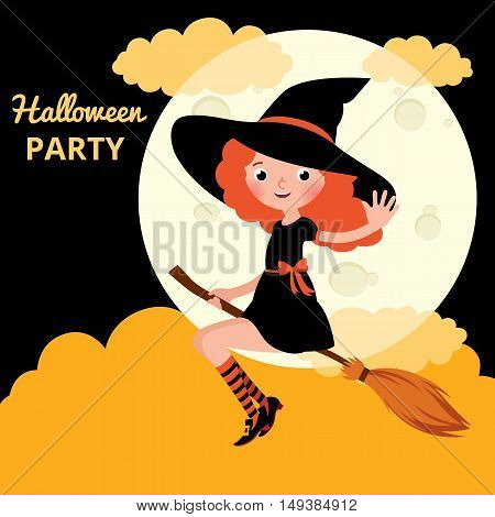 Little red haired witch flying on a broom on background of the moon on the night of Halloween Stock cartoon vector illustration