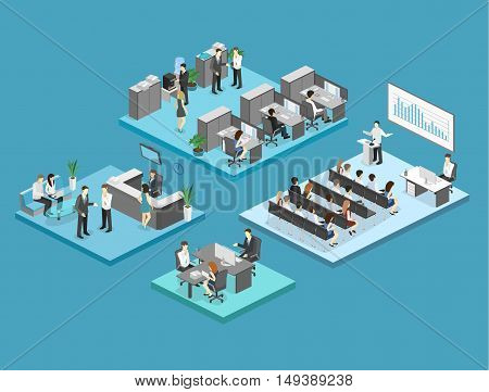 Isometric Flat 3D Abstract Office Floor Interior Departments Concept Vector.
