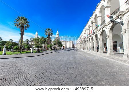 AREQUIPA PERU NOVEMBER 9: Main square of Arequipa with church on november 9  2015 in Arequipa Peru. Arequipa's Plaza de Armas is one of the most beautiful in Peru.