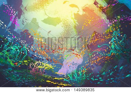 underwater with coral reef and colorful fishes, illustration painting
