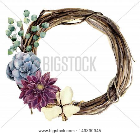 Watercolor floral wreath of twig. Hand painted wood wreath with silver dollar eucalyptus, dahlia, cotton flower and succulent. Floral illustration for design and background.