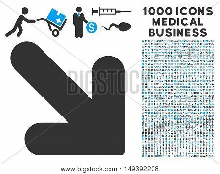 Arrow Down Right icon with 1000 medical commercial gray and blue vector pictographs. Set style is flat bicolor symbols, white background.