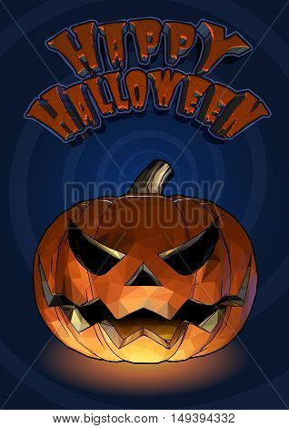 Halloween pumpkin jack o lantern with scary expression in cartoony style on blue spiral background