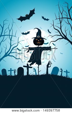 Halloween Zombie Party Poster. Holiday Card with Scarecrow and Zombie Hands. Halloween Invitation or Halloween Party Poster Backdrop