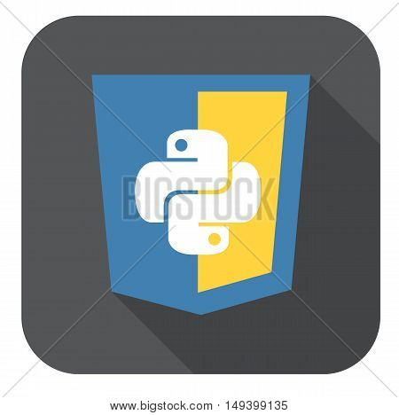 vector illustration of blue and yellow shield with html five badge, isolated web site development icon on white background long shadow