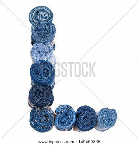 Letter L made of jeans roll on a white background
