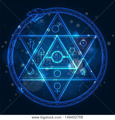 Mystical astrological sign with star of David and uroboros on shining background vector