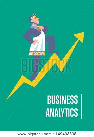 Business analytics banner with businessman in roman toga and laurel wreath standing on arrow graph, isolated vector illustration on green background. Business growth. Big boss concept. Famous person