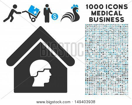 Barrack Building icon with 1000 medical commerce gray and blue vector pictograms. Design style is flat bicolor symbols, white background.