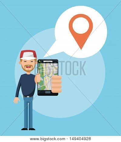 Cartoon man and smartphone. Gps navigator location travel and route heme. Colorful design. Vector illustration