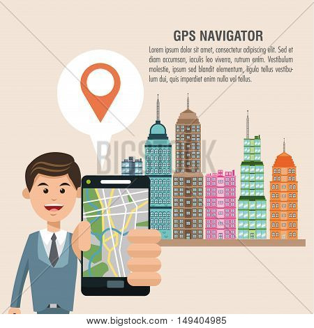Cartoon man city and smartphone. Gps navigator location travel and route heme. Colorful design. Vector illustration