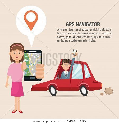 Cartoon woman man car and smartphone. Gps navigator location travel and route heme. Colorful design. Vector illustration