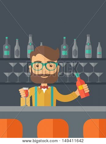 A young bartender preparing a mixed drimks at a bar, several bottles of alcohol and wine glass behind him. A contemporary style with pastel palette black tinted background.  flat design illustration