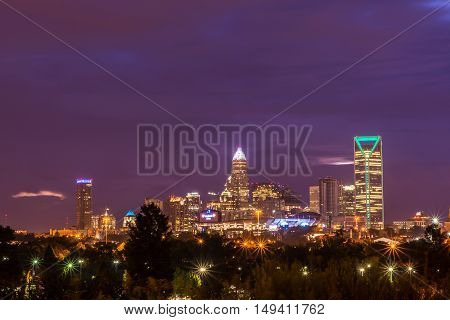 The dramatic colors of the sky surrounding the photogenic city of Charlotte, North Carolina