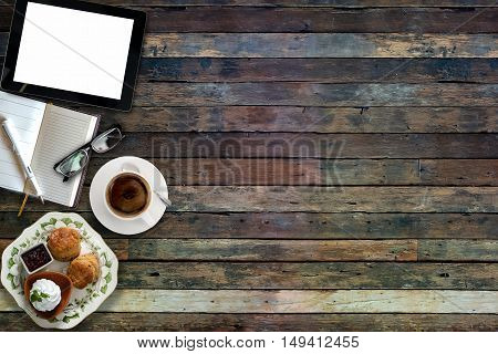 Cranberry Scones coffee and sour cream on wood workspace.