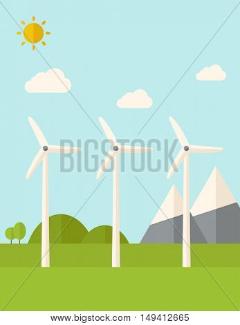Three windmills standing under the heat of the sun. A Contemporary style with pastel palette, soft blue tinted background with desaturated clouds. flat design illustration. Vertical layout.