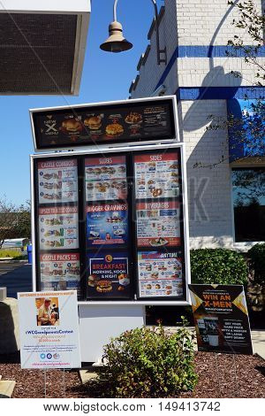 PLAINFIELD, ILLINOIS / UNITED STATES - SEPTEMBER 19, 2016: Drive-through customers may select from items posted on the menu posted outside the White Castle Restaurant in Plainfield.