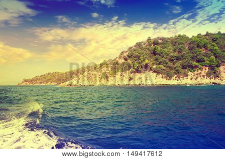 View From The Deck Of Cruise Ship On The Coast Of The Skiathos Island. Skiathos Island, Sporades Arc