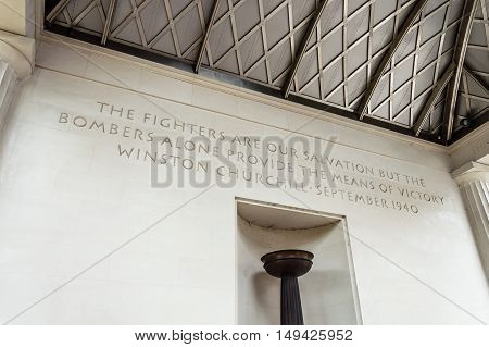 London UK - August 19 2015: The Bomber Command Memorial commemorates the 55573 who died while serving in the Bomber Command during the Second World War.