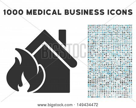 Realty Fire Disaster icon with 1000 medical commerce gray and blue vector pictograms. Clipart style is flat bicolor symbols, white background.