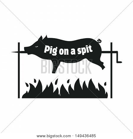 Grilled pig. Pig on spit. Roasting piglet. BBQ pork. Black icon on a white background