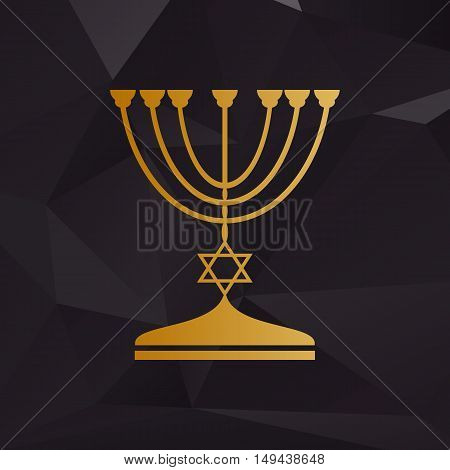 Jewish Menorah Candlestick In Black Silhouette. Golden Style On Background With Polygons.