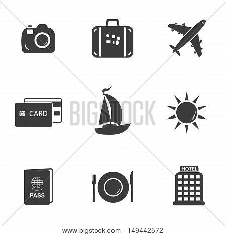 Travel and tourism set icons. Travel and tourism set Vector icons isolated on white background. Flat vector illustration in black. EPS 10